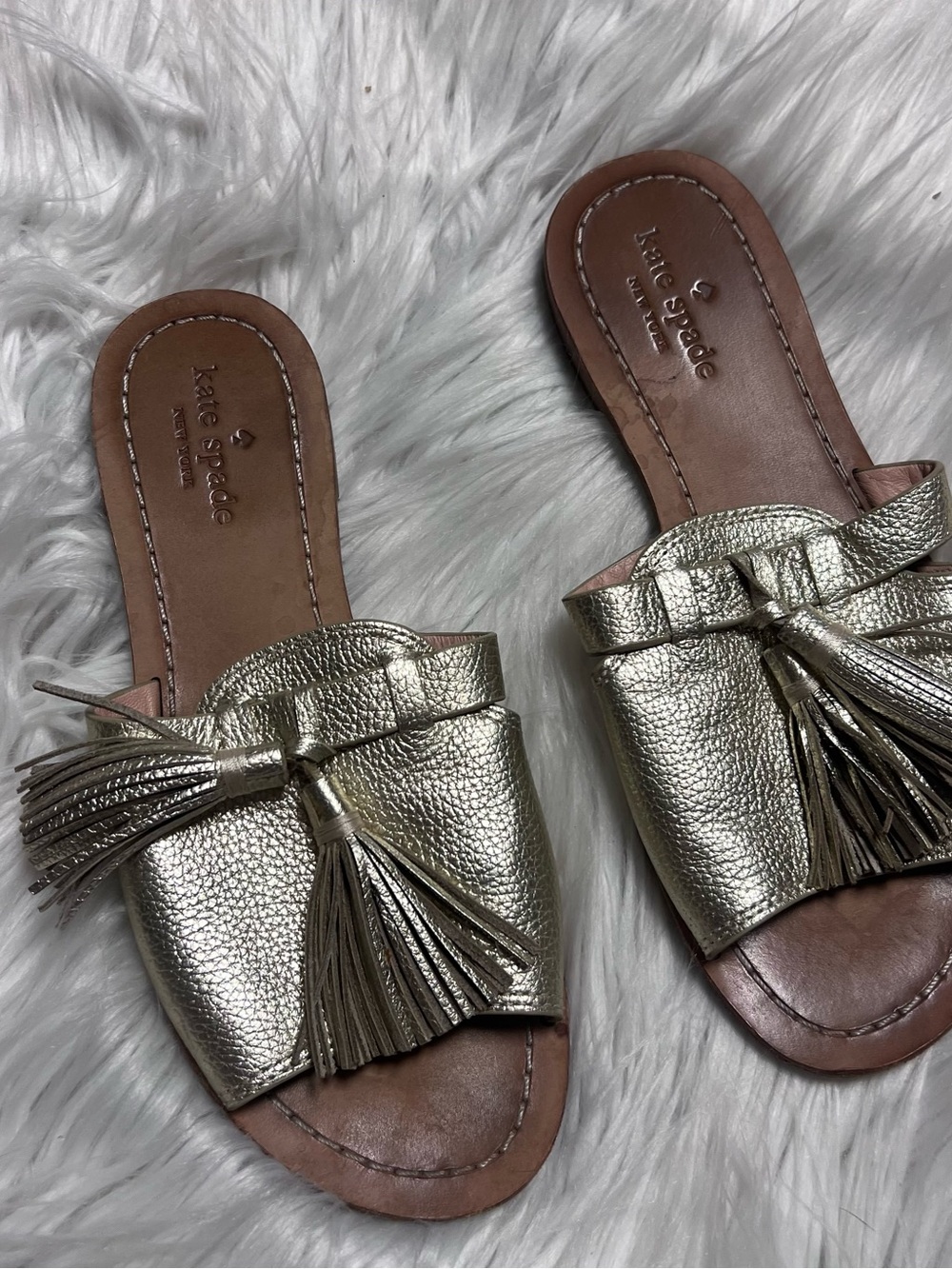 kate spade Metallic Gold Tassel Slide Mules